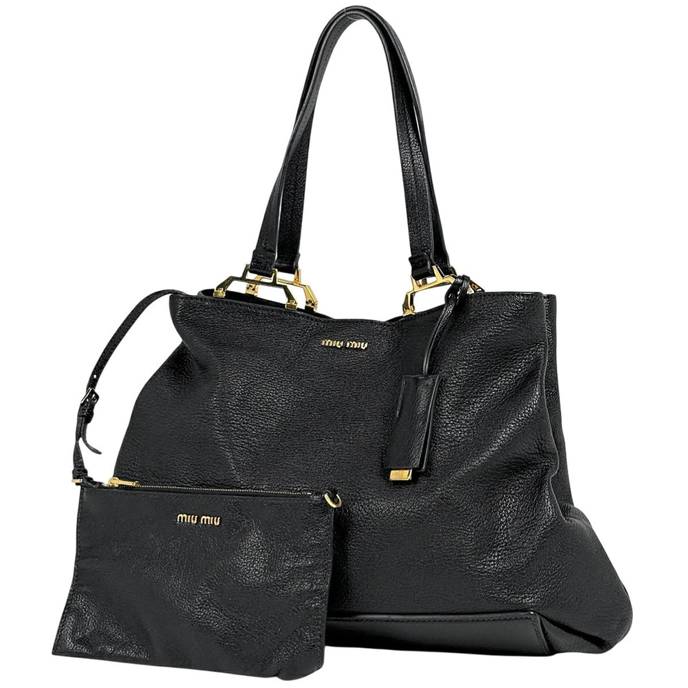 Miu Miu Madras Tote Bag Shoulder Leather Black